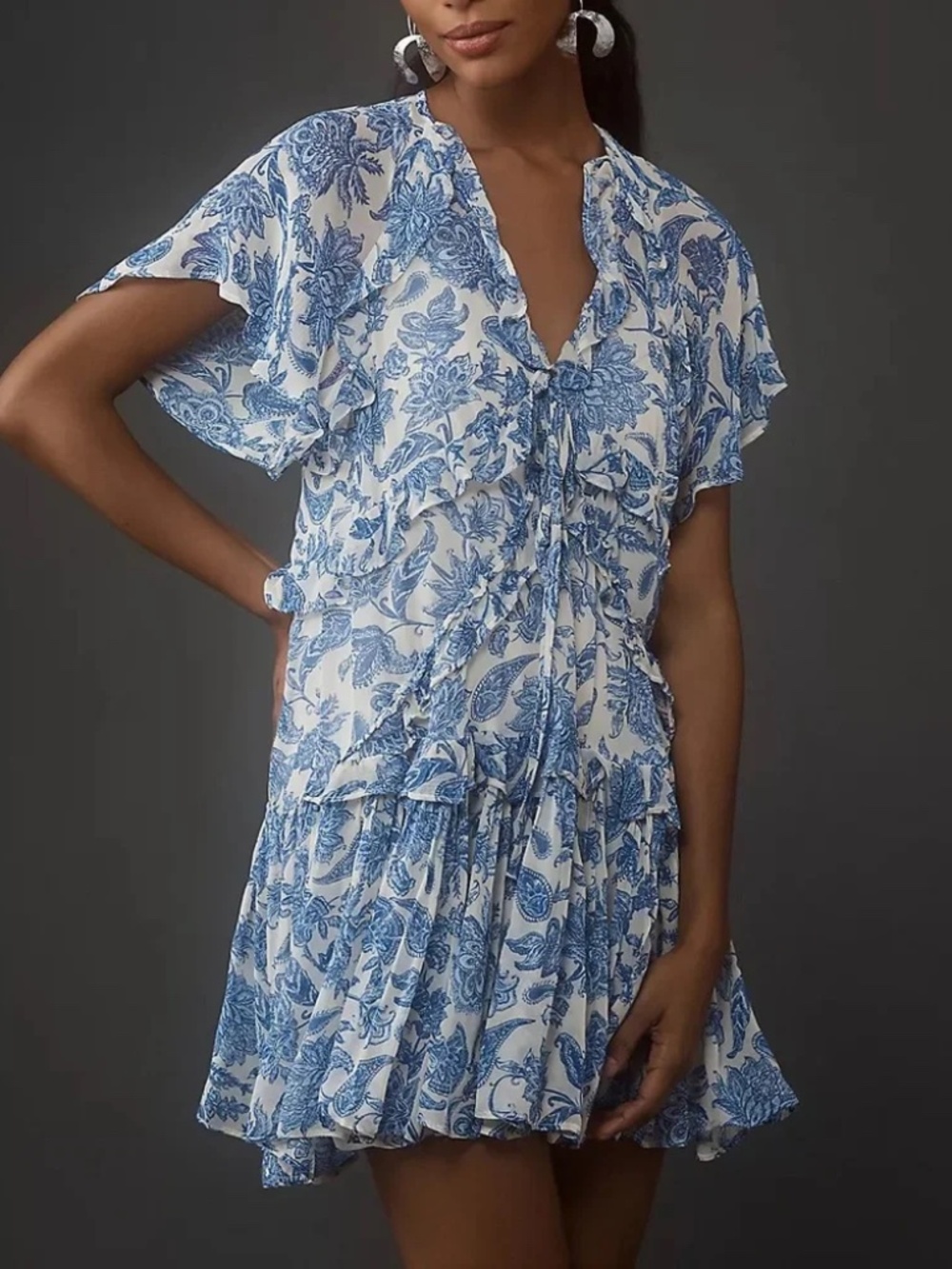 Anthropologie Maeve blue white floral ruffle mini dress Size XS - Picture 12 of 12